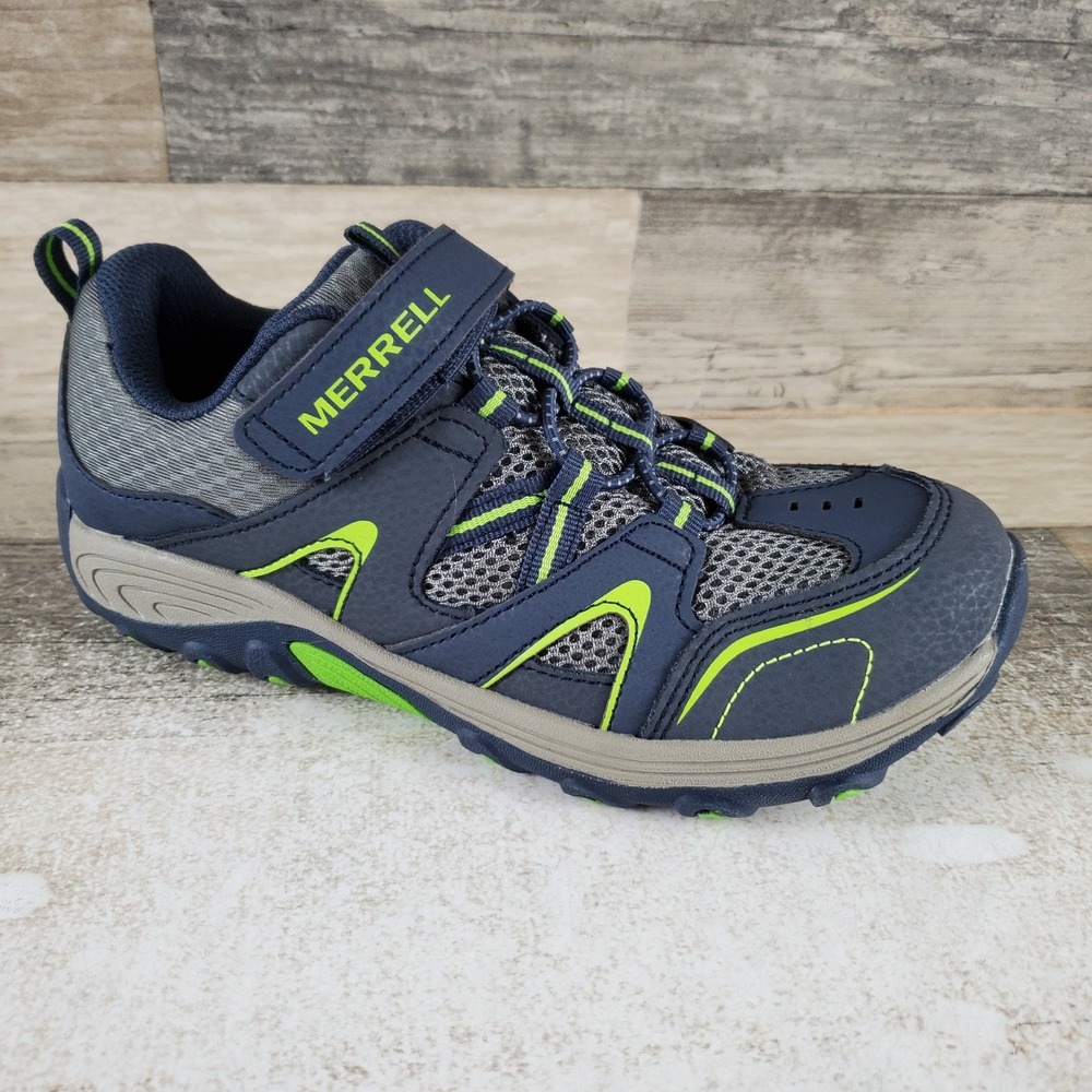 Merrell Trail Chaser Kids Shoe Sz 3.5 W Navy Green Bungee Laces with Hook & Loop